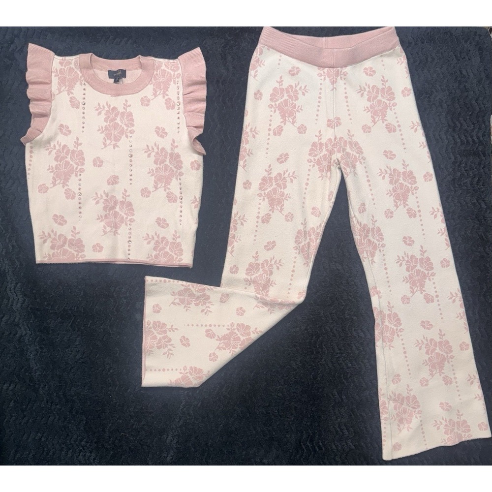 ON TWELFTH Knit Lounge Boutique Pink Floral Ruffle Sleeves 2-Pc Set Small